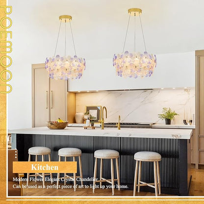 Modern Purple Flower LED Chandelier 20'' Gold Elegant Crystal Lighting for Dining Room Dimmable Ceiling Pendant Light Fixture with Remote Control for Entryway Bedroom Kitchen(3000K-6500K)