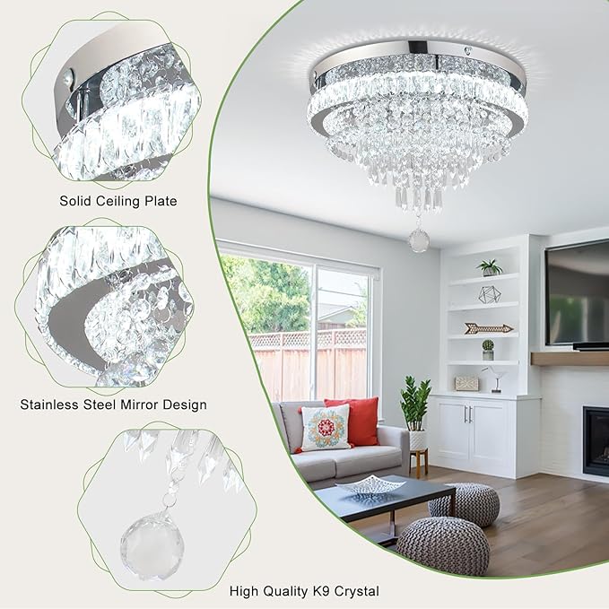FRIXCHUR 19.7" Crystal Chandeliers Crystal Ceiling Light Fixtures Modern Flush Mount Light LED Chandelier Lamp for Living Room Bedroom Dining Room 6500K Cool White