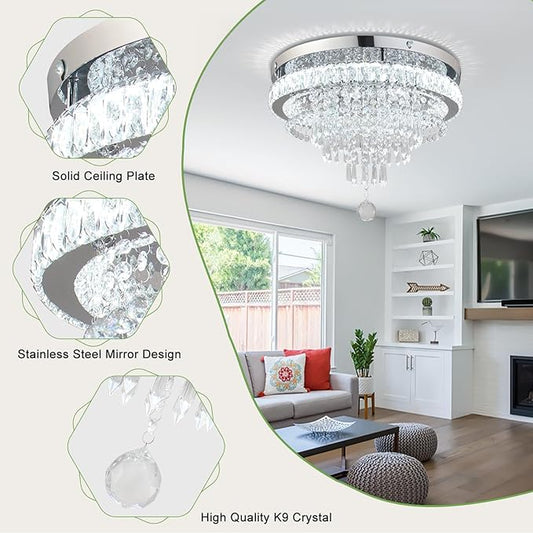 FRIXCHUR 19.7" Crystal Chandeliers Crystal Ceiling Light Fixtures Modern Flush Mount Light LED Chandelier Lamp for Living Room Bedroom Dining Room 6500K Cool White