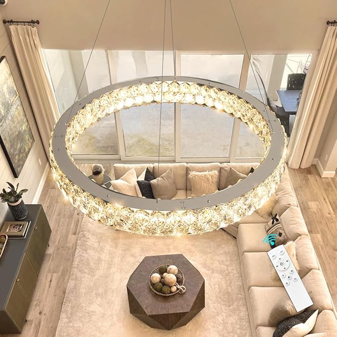 Modern Ring Chandelier, Crystal Chandeliers for Dining Room Round LED Ceiling Light Fixture for Living Room Bedroom Lighting Dimmable with Remote Ring Lights, 32inch Width