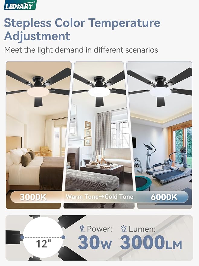 52 Inch Ceiling Fan with Lights and Remote, 30W 12" LED Panel Flush Mount Ceiling Fan, 6-Speed Quiet DC Motor Modern Low Profile Ceiling Fan with Reversible Blades for Bedroom, Living Room, Patio