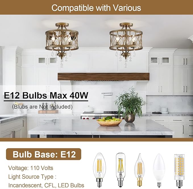 Farmhouse Crystal Ceiling Light Fixture, 3-Light Semi Flush Mount Crystal Chandelier Light Fixture Rustic Vintage Bronze Pendant Ceiling Lamp for Hallway Corridor Kitchen Entryway Bedroom Living Room