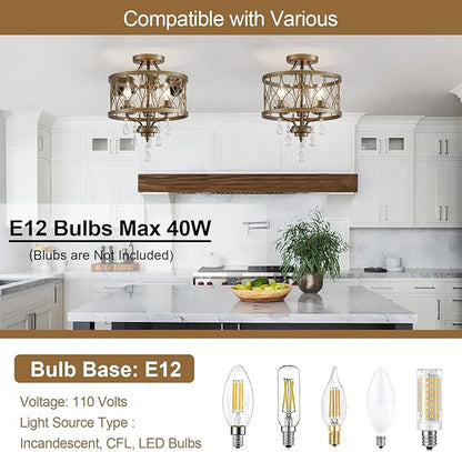 Farmhouse Crystal Ceiling Light Fixture, 3-Light Semi Flush Mount Crystal Chandelier Light Fixture Rustic Vintage Bronze Pendant Ceiling Lamp for Hallway Corridor Kitchen Entryway Bedroom Living Room