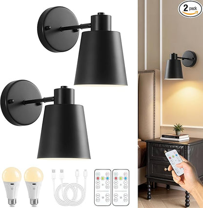 Black Battery Operated Wall Sconces Set of Two with Remote, Rechargeable Battery Powered Wall Lights, 3 Color Temperature, Dimmable, Modern Wireless Wall Lamps for Bedroom Living Room Hallway