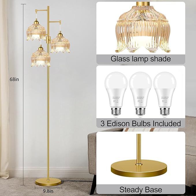 Dimmable Floor Lamps for Living Room Bedroom-3 Light Gold Floor Lamp with Glass Lampshape, Flower Tall Lamp Mid Century Modern Standing Lamp Glass Tree Floor Lamps for Living Room Bedroom,Corner