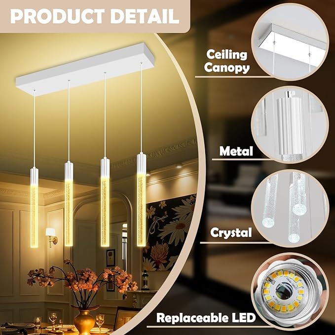 Bubble Crystal Column Chandelier, 4-Light Rectangular Chorme Crystal Chandelier, Dimmable Adjustable Height Luxury Pendant Light for Kitchen Island, Dining Room, Living Room