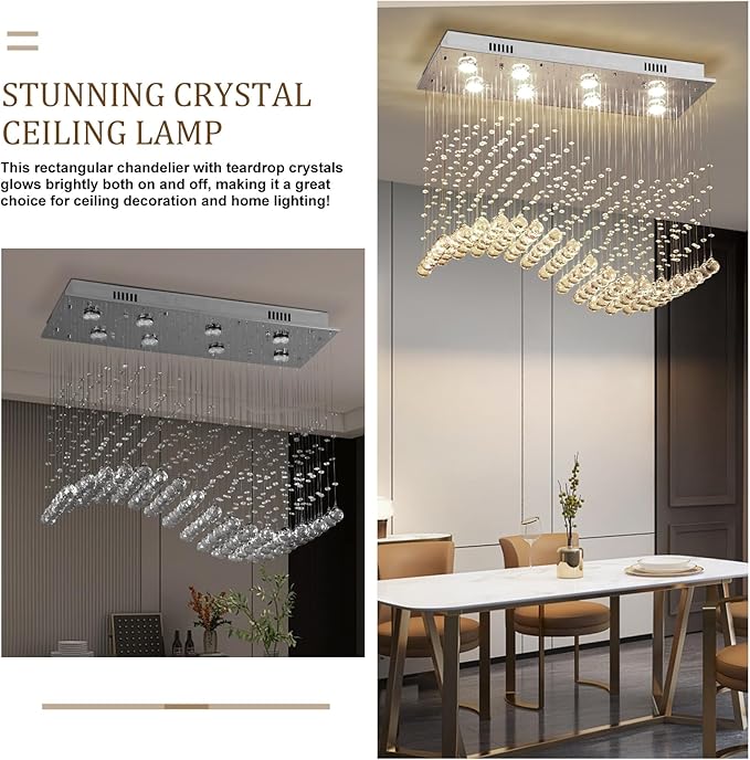 Depuley Modern K9 Crystal Chandelier, 8-Light Rectangle Flush Mount Ceiling Light, Wave Raindrop Crystal Pendant Lighting for Dining Room Kitchen Living Room Bedroom, L31.5'' x W11.8'' x H27.5'