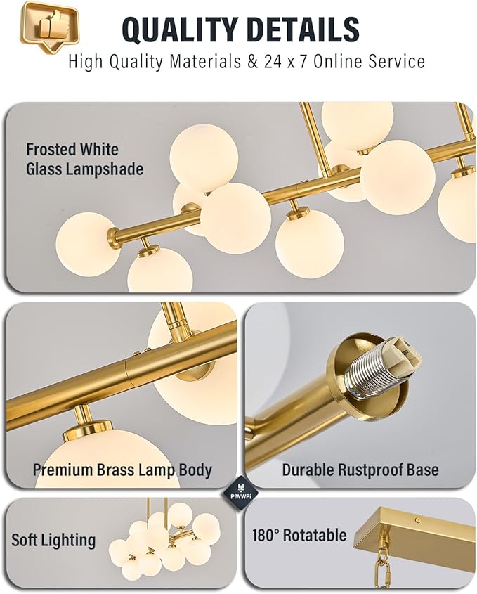 55" Long Brass Gold Chandeliers for Dining Room Kitchen Island, Large Globe Sputnik Linear Chandelier, 16 Lights Mid Century Modern Light Fixture Over Table, Milk White Bubble, GC-08