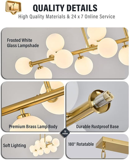 55" Long Brass Gold Chandeliers for Dining Room Kitchen Island, Large Globe Sputnik Linear Chandelier, 16 Lights Mid Century Modern Light Fixture Over Table, Milk White Bubble, GC-08