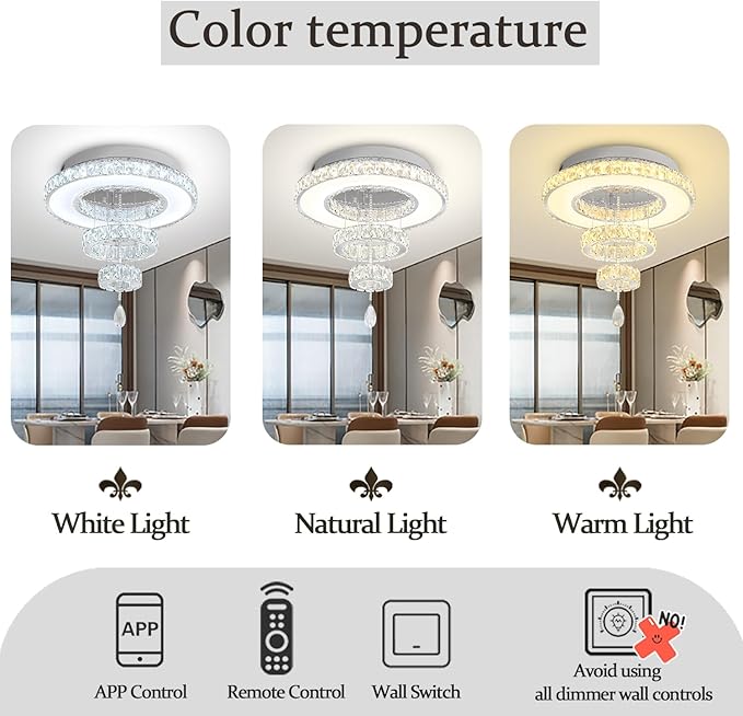 Flashing God Dia 20" Flush Mount Chandeliers Silver Modern Living Room Chandelier LED Crystal Ceiling Light 2 Rings Pendant Light Crystal Chandeliers for Bedroom Dining Room Entryway