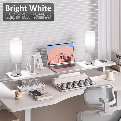 Fenmzee White Silver Bedside Table Lamps Set of 2-3 Color Temperatures Pull Chain Lamp with AC Outlet Charging Port, Two Round Night Stand Lamps for Bedroom, Small Bed Side Light with E26 LED Bulbs