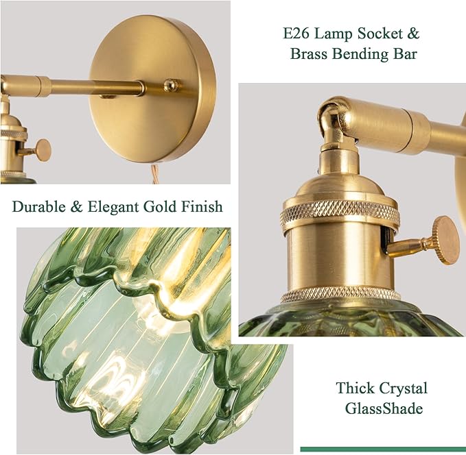 Plug-in Wall Sconce, Vintage Wall Decorative Lamp with Green Glass Shade, Indoor Plug-in Wall Sconce for Bedroom, Living Room, Hallway