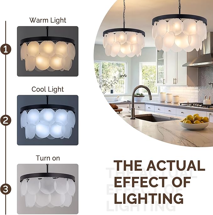 Wellmet Modern Glass Chandelier 22", Black Farmhouse Chandeliers for Dining Rooms, Round Light Fixture with White Frosted Glass Shade for Kitchen Island, Living Room, Bedroom, Hallway
