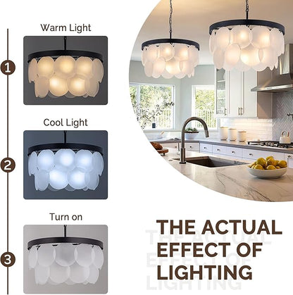 Wellmet Modern Glass Chandelier 22", Black Farmhouse Chandeliers for Dining Rooms, Round Light Fixture with White Frosted Glass Shade for Kitchen Island, Living Room, Bedroom, Hallway