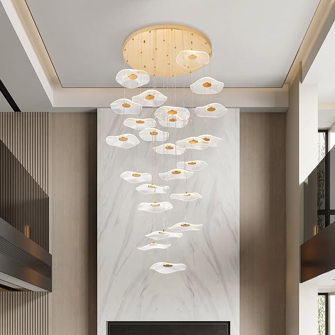 High Ceiling Chandeliers - 24-Light Luxury Gold Spiral Lotus Chandelier Modern Minimalist Dimmable Design for Grand Entrance, Staircase, Villa Dining Room
