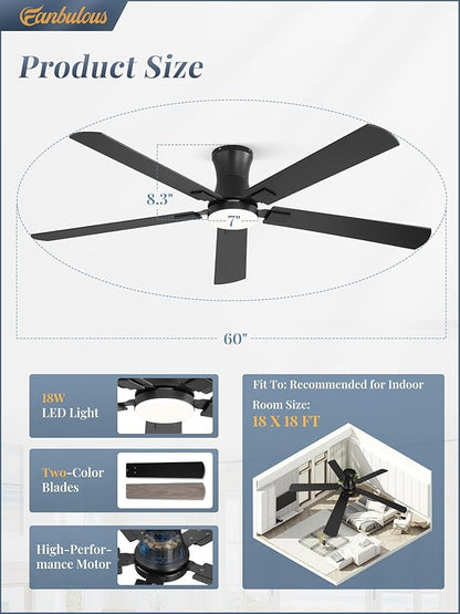 Fanbulous 60 inch ceiling fan with light, Low Profile Ceiling Fan with Light, App&Remote Control, Dimmable LED Light, Flush Mount Ceiling Fan for Indoor Bedroom Living Room, Qiuet DC Motor