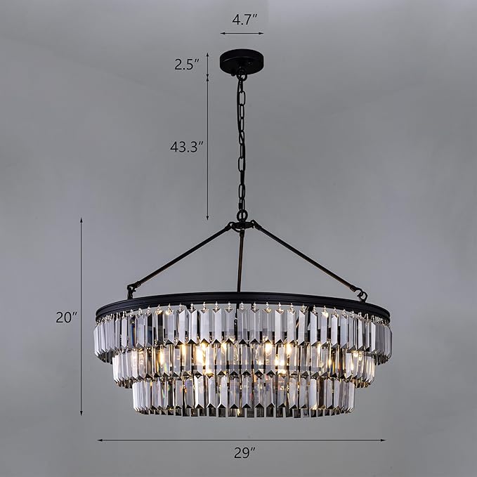 TOCHIC Farmhouse Crystal Chandelier, 29" Black Crystal Dining Living Room Chandelier Light Fixtures, 6 Lights Modern Foyer Hanging Chandeliers for Entryway, Bedroom, Kitchen, Stairway, Smoke Grey