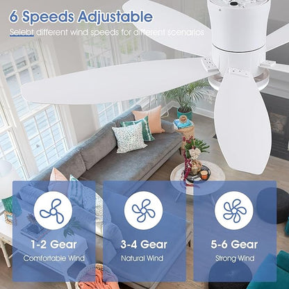 Surtime 48" Ceiling Fans with Lights-Low Profile Ceiling Fan with Light and Remote/APP Control,Flush Mount,DC Reversible,LED Dimmable Modern Ceiling Fans for Bedroom,Indoor/Outdoor Patio Use(White)