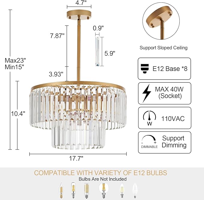 17.7" Gold Semi Flush Mount 2-Tier Crystal Ceiling Light Fixtures for Dining Room Modern Industrial 8-Light Chandeliers Lighting for Bedroom Entryway Hallway Kitchen Island Living Room Foyer
