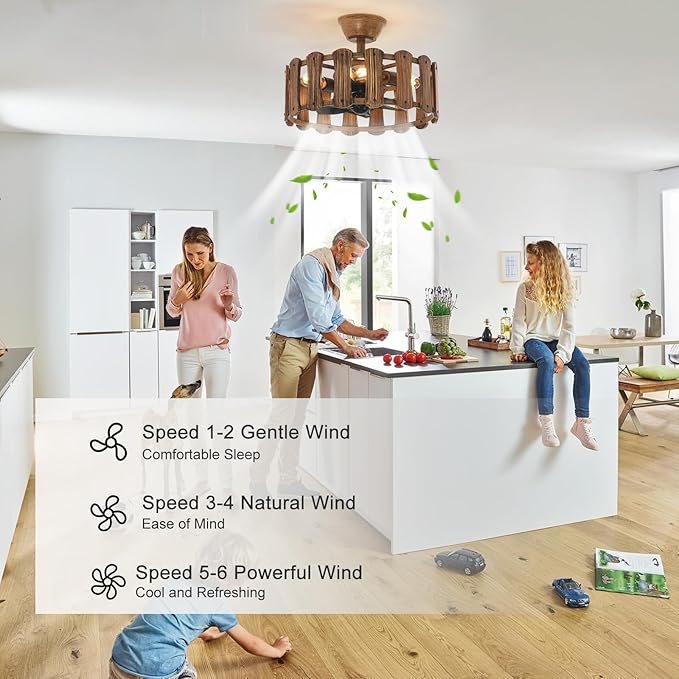 Garwarm 18in Caged Ceiling Fan with Light, Chandelier Farmhouse Ceiling Fans with Lights and Remote,Bladeless Rustic Fandelier Ceiling Fan for Kitchen, Bedroom（6 Speed, Timing）-Rustic Wood