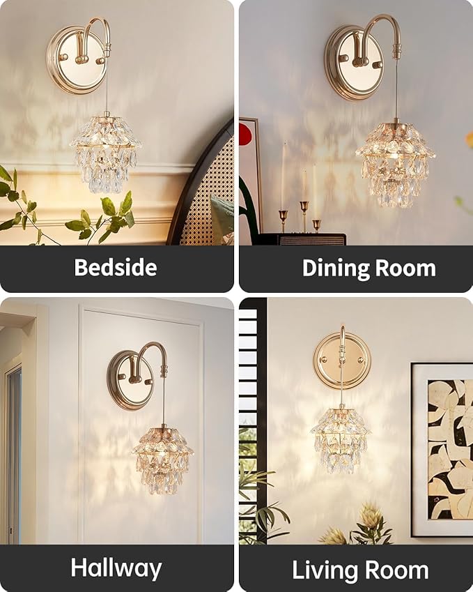 Pinecone Shape Crystal Vintage Gold Wall Sconce Chandelier, Modern Victorian Indoor Hardwired Wall Mount Lamp Light Fixture for Bedroom Living Room Bathroom Vanity Light Hallway Wall Decor LED G9