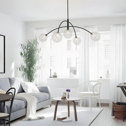 Mid Century Modern Sputnik Chandelier Adjustable 5 Light Pendant Light Fixture Clear Glass Black Ceiling Chandelier for Dining Room Kitchen Bedroom
