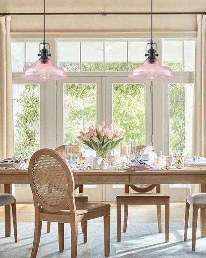 Pink Glass Pendant Lights Kitchen Island, 12in, Ribbed Glass Kitchen Pendant Lights Fixture, Farmhouse Pendant Lighting for Dining Room Bedroom Bar Sink, 1 Pack