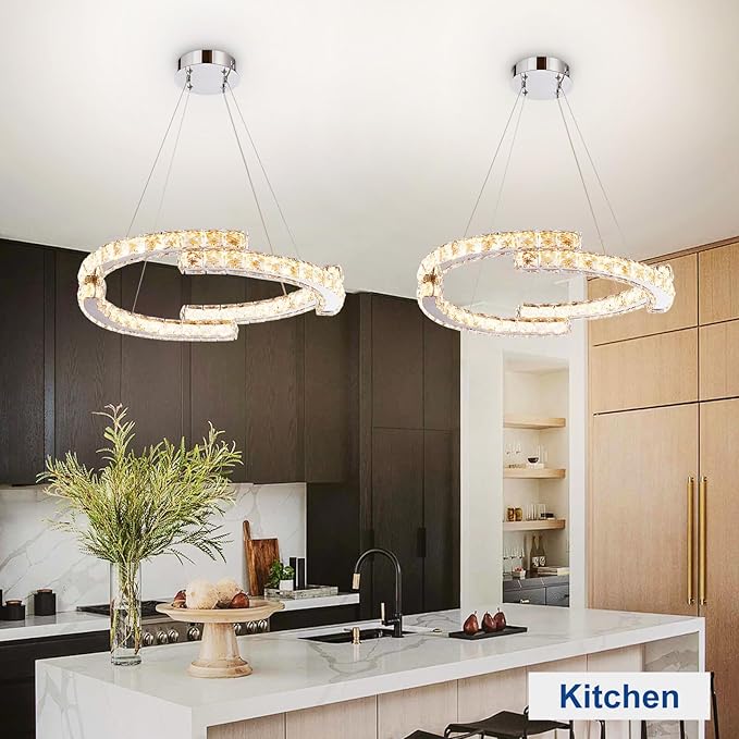 Depuley Modern LED Crystal Chandeliers: 23.6" Curved Ring Chandelier Hanging Crystal Ceiling Light Fixture - 42W Adjustable Height Pendant Light for Living Room Dining Room Bedroom Foyer