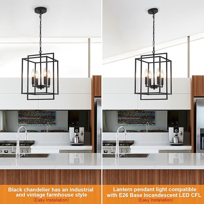 4-Light Black Farmhouse Chandelier Lantern Chandelier Light Fixture for Dining Room Kitchen Island Lighting Modern Pendant Light Fixtures for Bedroom Living Room Foyer