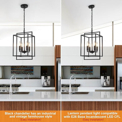 4-Light Black Farmhouse Chandelier Lantern Chandelier Light Fixture for Dining Room Kitchen Island Lighting Modern Pendant Light Fixtures for Bedroom Living Room Foyer