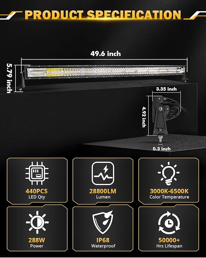 Auxbeam 50 Inch Curved LED Light Bar, 288W 6 Modes Amber White Strobe Fog Lights, Spot Flood Combo Memory Reset Function Offroad Driving Work Ditch Light for Truck Car ATV