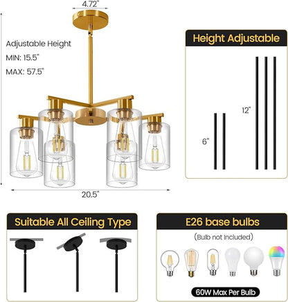 6-Light Modern Gold Chandelier Farmhouse Dining Room Light Fixture with Clear Glass Shade Hanging Ceiling Pendant Lighting for Kitchen Island Living Room Hallway