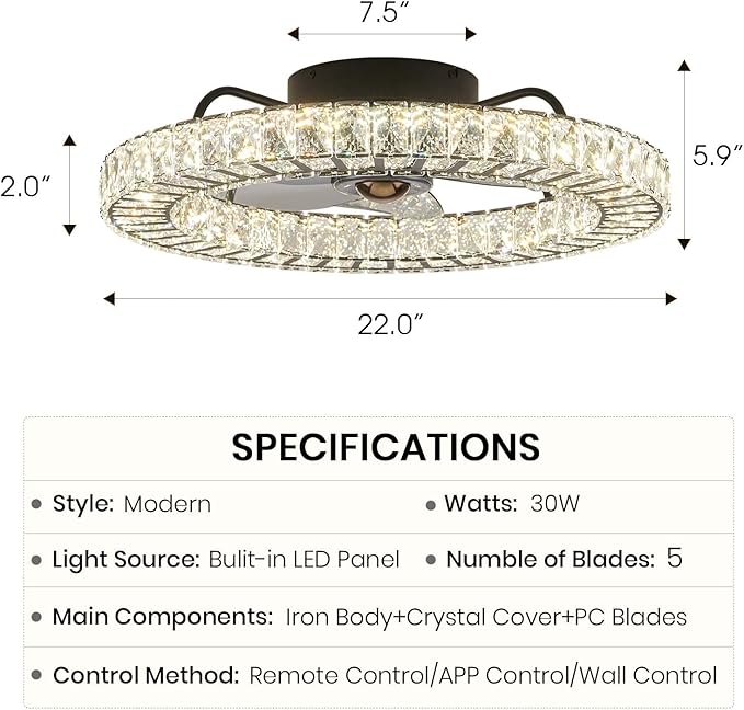 LUDOMIDE Flush Mount Ceiling Fan with Light, 22" Modern Crystal Chandelier Ceiling Fan with Smart 4-Light Color Change, Dimmable LED Ceiling Fan, 6 Wind Speeds, Low Profile Ceiling Fan for Bedroom