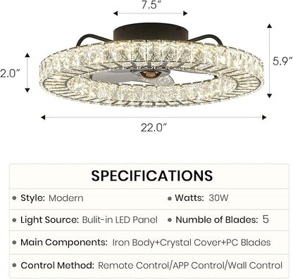 LUDOMIDE Flush Mount Ceiling Fan with Light, 22" Modern Crystal Chandelier Ceiling Fan with Smart 4-Light Color Change, Dimmable LED Ceiling Fan, 6 Wind Speeds, Low Profile Ceiling Fan for Bedroom
