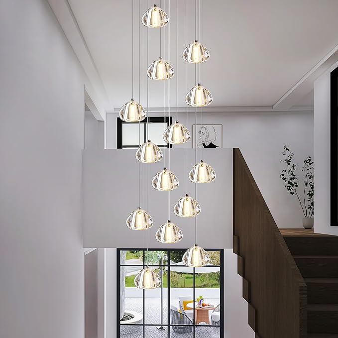 Modern Crystal Chandelier 14-Lights High Ceiling Raindrop Chandelier Lighting Fixture, Large LED Round Indoor Lighting Fixture Gold for Foyer Staircase Living Room