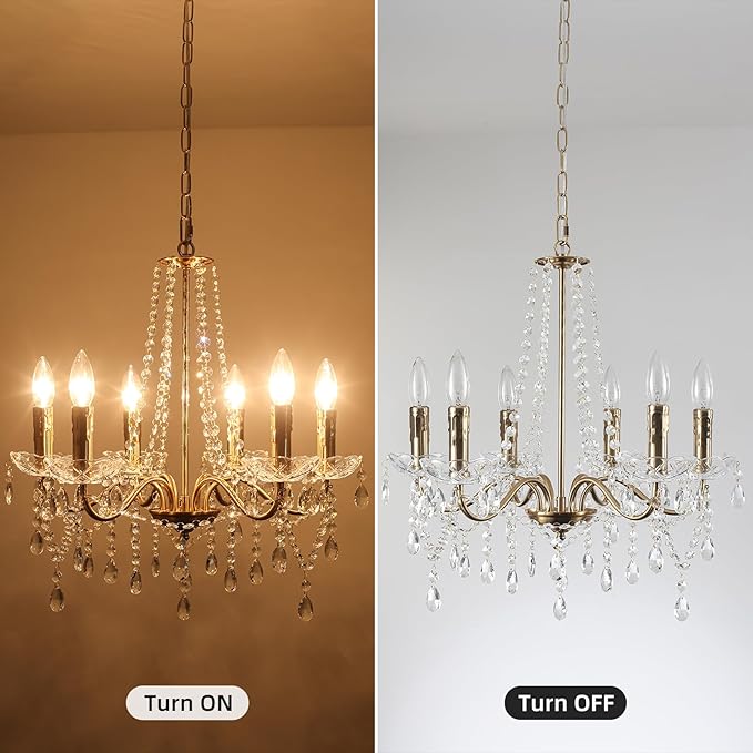 Crystal Plug in Chandelier Lighting with Long Cord, 6 Lights Gold French Country Plug in Pendant Light Modern Hanging Chandeliers for Dining Room Kitchen Bedroom Living Room