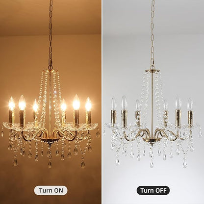 Crystal Plug in Chandelier Lighting with Long Cord, 6 Lights Gold French Country Plug in Pendant Light Modern Hanging Chandeliers for Dining Room Kitchen Bedroom Living Room