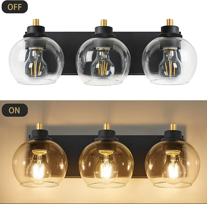 Tuscarora 3 Light Bathroom Vanity Light, Black and Gold Bathroom Light Fixtures Over Mirror, Modern Vanity Light with Clear Glass Shade, Black Wall Sconce for Mirror