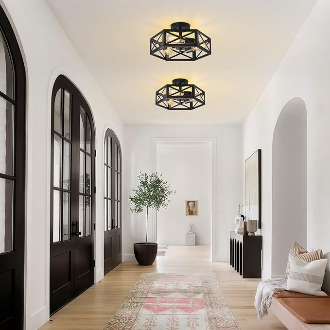 Rustic Foyer Lighting Fixtures, Industrial Semi Black Hexagon Black Farmhouse Kitchen Lighting Fixtures Ceiling for Bedroom Hallway Bathroom 14.5 in