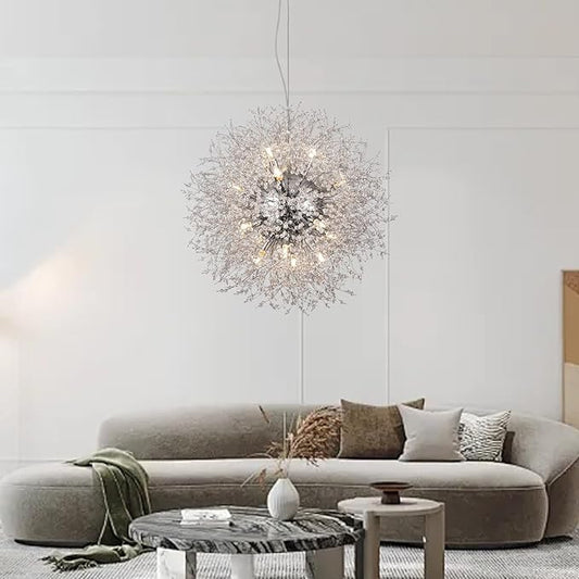 Modern Crystal Chandeliers, Dandelion Beaded Lighting, Sputnik 16-Light Chrome Hanging Lamp, Round Firework Pendant Light for Dining Room Living Room Kitchen Island Bedroom (Chrome, D25.5inch)