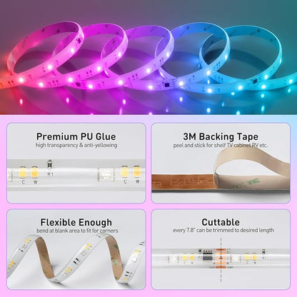 Shine Decor LED Strip Light RGBWW +CCT +IC, Multi Functions Warm/Cool White Tunable Bright Dimmable Color Chasing, Flexible Adhesive 16.4FT with Remote & 24V ETL Power for Indoor