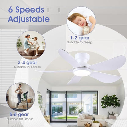 Kviflon 46 Inch Modern Ceiling Fans with Lights, Flush Mount Ceiling Fan with Light and Remote/APP Control, 5 Reversible 6 Speeds Curved Blades, 3 CCT Dimmable Lights for Bedroom, White