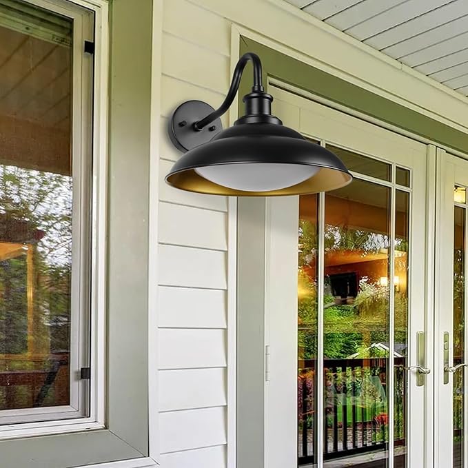 LED Outdoor Barn Lights, 12 Inch Farmhouse Exterior Wall Light Fixtures with Adjustable Color Temperature, Black Porch Lights Outside for House, Outdoor & Indoor, Gold Interior, 1 Pack