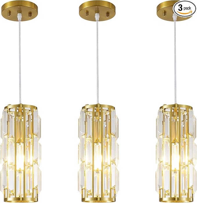 Pendant Lights Modern Gold Pendant Light, Mini Crystal Pendant lamp, Adjustable Pendant Lighting for Kitchen, Dining Room, and Bedroom (Gold Pack of 3)