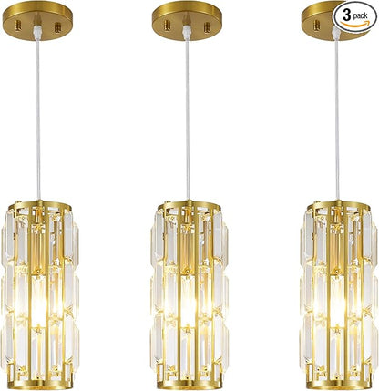 Pendant Lights Modern Gold Pendant Light, Mini Crystal Pendant lamp, Adjustable Pendant Lighting for Kitchen, Dining Room, and Bedroom (Gold Pack of 3)