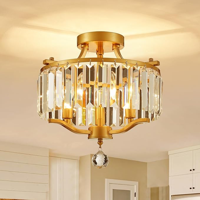 Crystal Gold Chandeliers Modern Farmhouse Small Chandelier 12.2 Inch 3-Light Round Crystal Mini Semi Flush Mount Ceiling Light Fixture for Dining Room Entryway Hallway Kitchen Bedroom Foyer