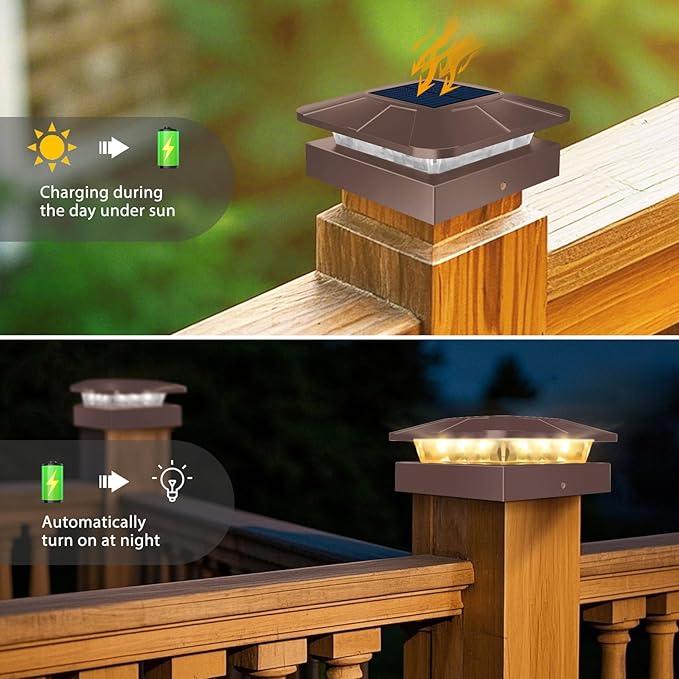 Peasur 6 Packs 4x4 Post Solar Lights with 3 Modes, Waterproof LED Solar Cap Lights for 4×4/3.5×3.5 Wood/Vinyl Posts, Brown Post Top Lighting Outdoor for Fence Deck Mailbox Porch Railing