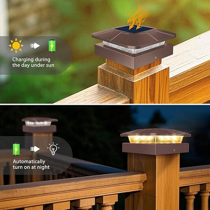 Peasur 4x4 Solar Post Cap Lights Outdoor with 3 Modes, 2 Packs Brown Fence Light Solar Powered Waterproof for 4x4 3.5x3.5 Wood/Vinyl Posts for Deck Yard Garden Patio Outside