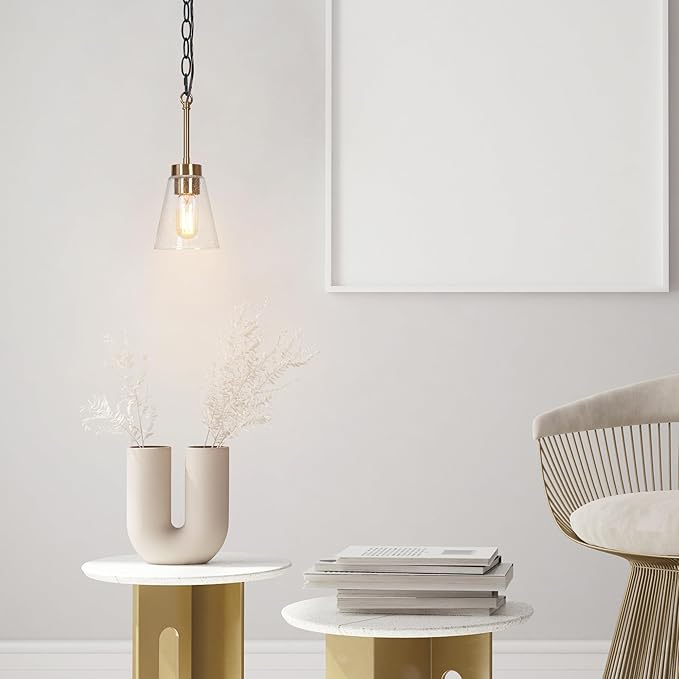 KSANA Black Gold Pendant Light, Modern 1-Light Brass Pendant Lighting Fixture with Seeded Glass Shade and Adjustable Height for Kitchen Island, Dining Room, Foyer and Hallway