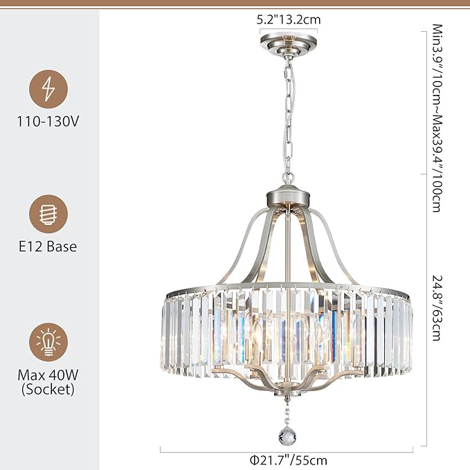 Modern Crystal Chandeliers Round 6-Light Large Brushed Nickel Pendant Lighting Fixture for Dining Room Living Room Kitchen Island Bedroom Hallway 21.7" Adjustable Height Hanging Lamp